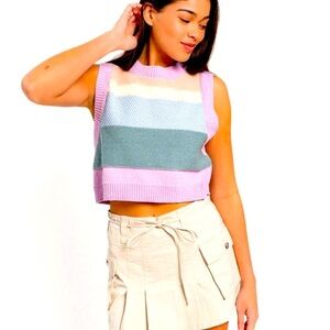 Le Lis Striped Colorblock Sweater Vest Crew Neck Cropped Boxy Cotton Blend Sz XS